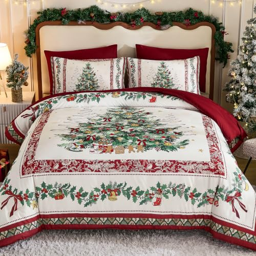 Dinjoy Christmas Comforter Set Queen 7-Piece Red Tree Holiday Bedding, 90x90
