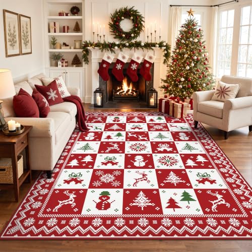 GENIMO 5x7 Checkered Christmas Rug - Holiday Area Carpet for Living Room & Bedroom