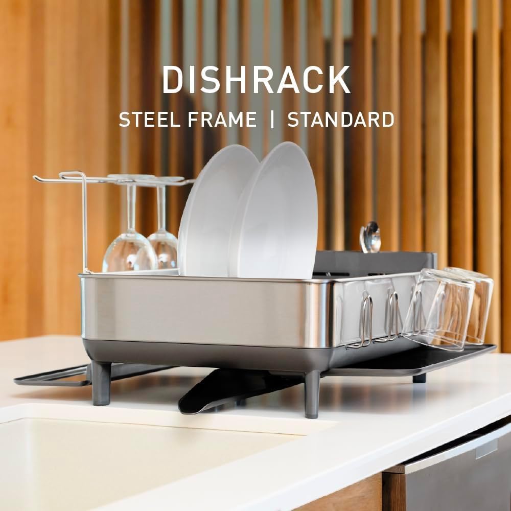 simplehuman Large Capacity Dish Drying Rack - Stainless Steel Frame, 360º Drain Spout, Grey