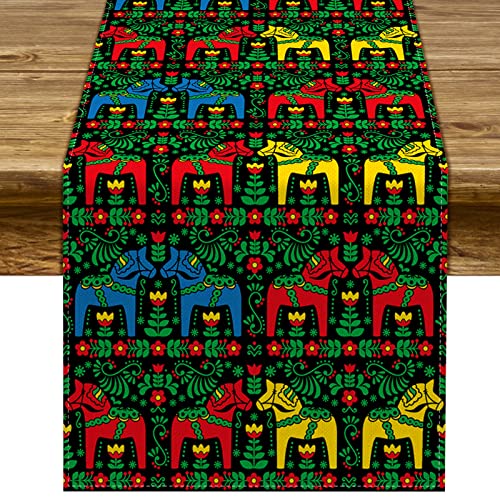 Nepnuser Christmas Swedish Dala Horse Folk Table Runner Scandinavian Gift Sweden Decoration Rustic Home Kitchen Dining Room Table Decor-72inches