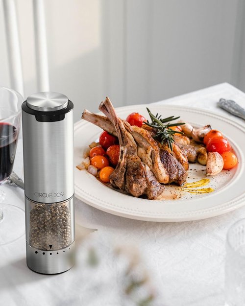 CIRCLE JOY Rechargeable Electric Salt and Pepper Grinder Set - Stainless Steel Mills with LED Light & Adjustable Coarseness, Silver