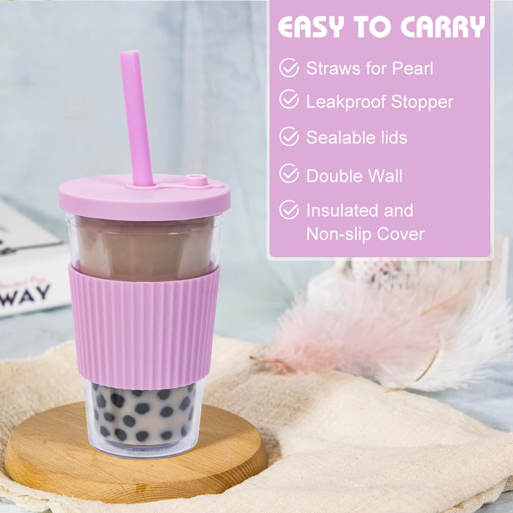 UHAPEER 2 Pack Reusable Boba Cups, 17oz Iced Coffee With Straw and Lid, Leakproof Clear Plastic Tumbler, Double Wall Insulated Smoothie Cup, Pastel Violet and Cornflower Blue