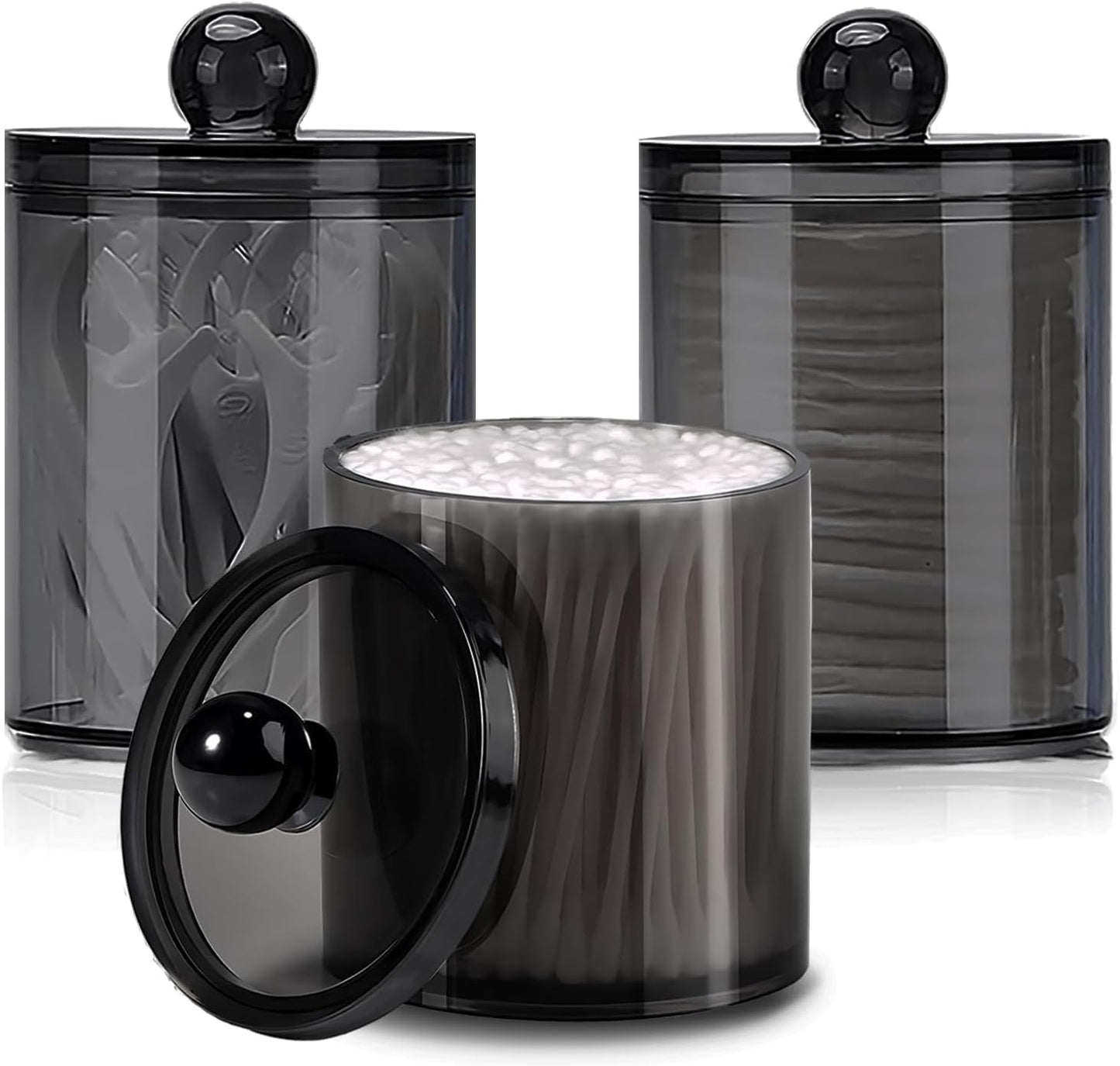Skiennix Cotton Buds Dispenser - Clear Black Round Holder | 10 oz Apothecary Jar Set for Bathroom Storage