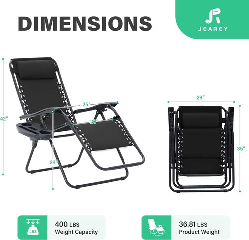 JEAREY Zero Gravity Lounge Chairs - Adjustable Steel Mesh Recliners with Pillows & Cup Holders | Set of 2, Black