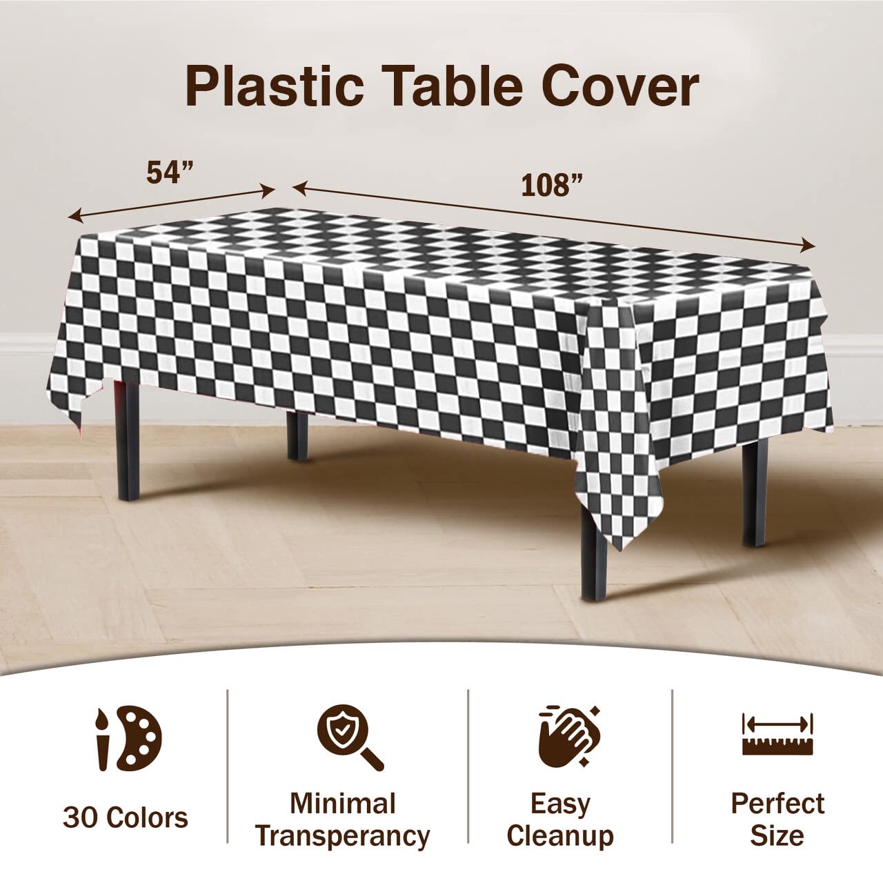 Party Solids Pack Of 6, Premium Plastic Tablecloth 54in. x 108in. Rectangle Table Cover - Checkered