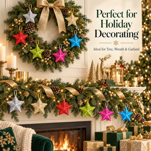 36-Piece Glitter Gold Star Christmas Ornaments Set with Loops