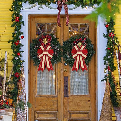 Stripe Christmas Wreath Bows - Red & Gold 2pc Burlap Linen Holiday Decor