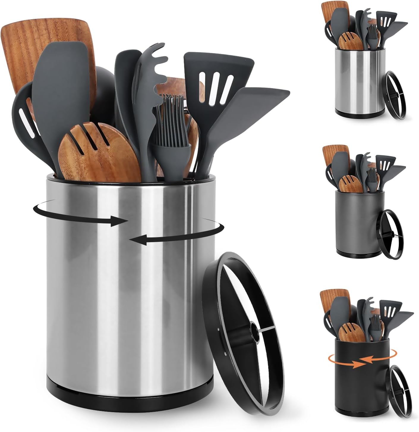 Nigelia Extra Large Kitchen Utensil Holder - 360° Rotating Stainless Steel Caddy | 3 Compartment Organizer (Silvery)