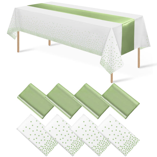8Pack Plastic Tablecloths and Satin Table Runner Set Disposable White and Sage Green Dot Table Cloth Green Satin Table Runner for Wedding Birthday Baby Shower Anniversary Holiday Party Decorations