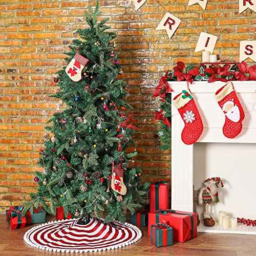 HOHOTIME Christmas Tree Skirt, Red White Annual Rings 30 Inch Tree Skirt with Pom Pom Trim for Holiday Party Xmas Natural Rustic Tree Skirt for Holiday Home Decor