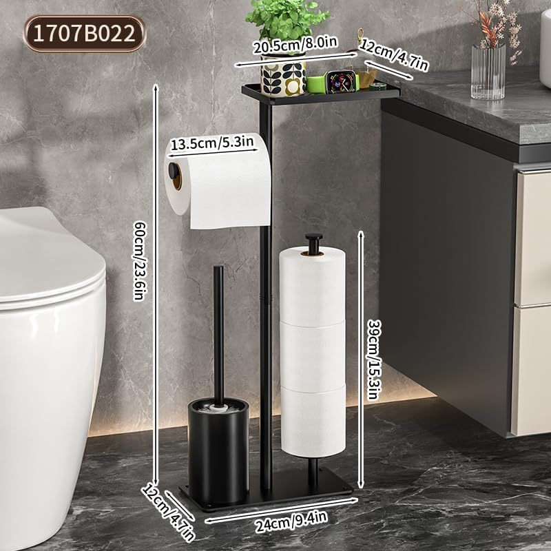 Skiennix Modern Bathroom Toilet Paper Stand - Black Metal Holder with Storage Shelf for 3 Mega Rolls | 24x12x60 Inches