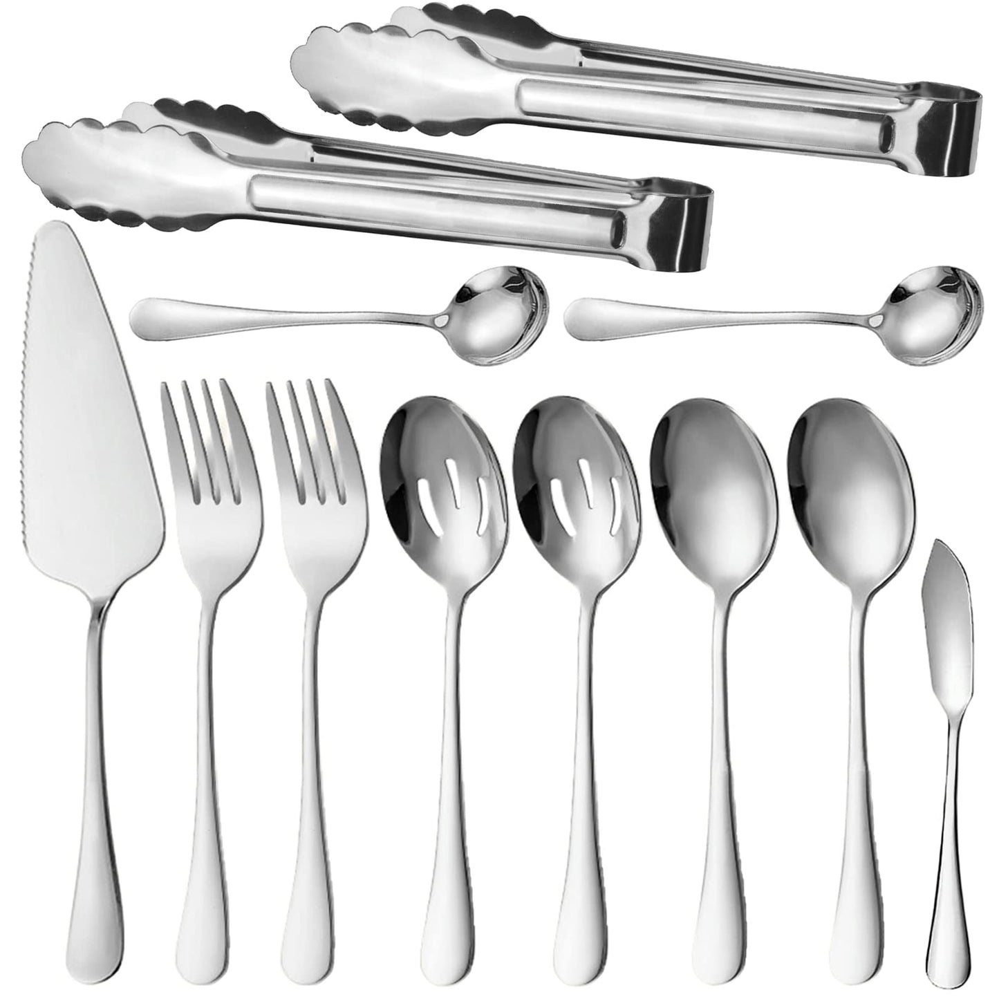 IAXSEE 12Pcs Silver Serving Utensils Stainless Steel Serving Spoon,Slotted Spoons Serving Forks,Serving Tongs Cake Server Dessert Spoon Serving Flatware Set Great for Parties Buffet Party