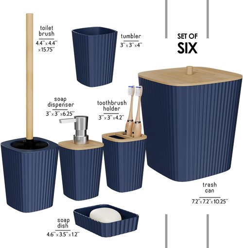 Clara Clark Bathroom Accessories Set - 6PC Navy Blue Set with Toilet Brush, Trash Can & Soap Dispenser