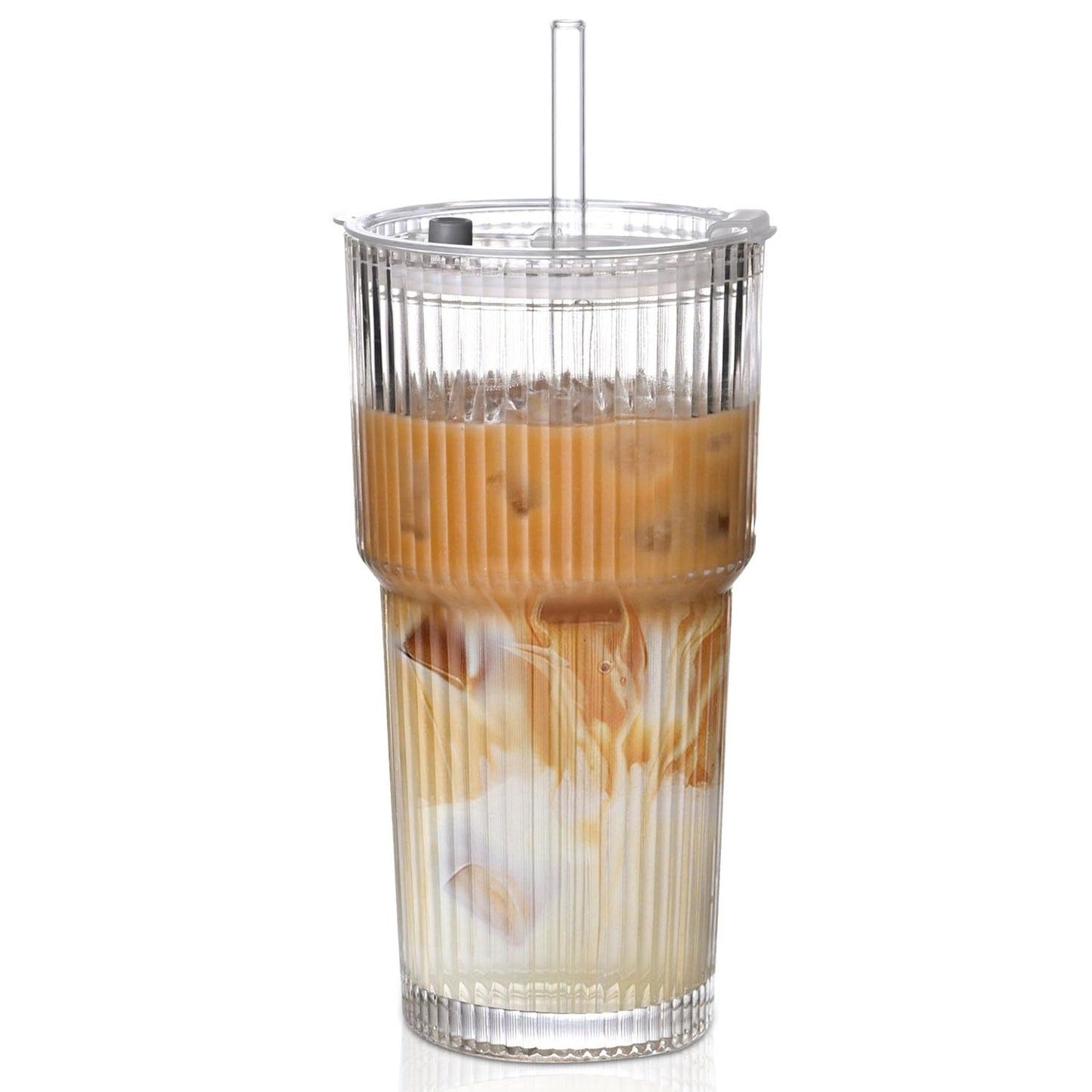 AUFXKOO 20oz Ribbed Glass Cups with Lids and Straws,1PCS Glass Tumbler with Straw and Lid,Iced Coffee Cups Drinking Glasses for Juice Whiskey Cocktail Beer