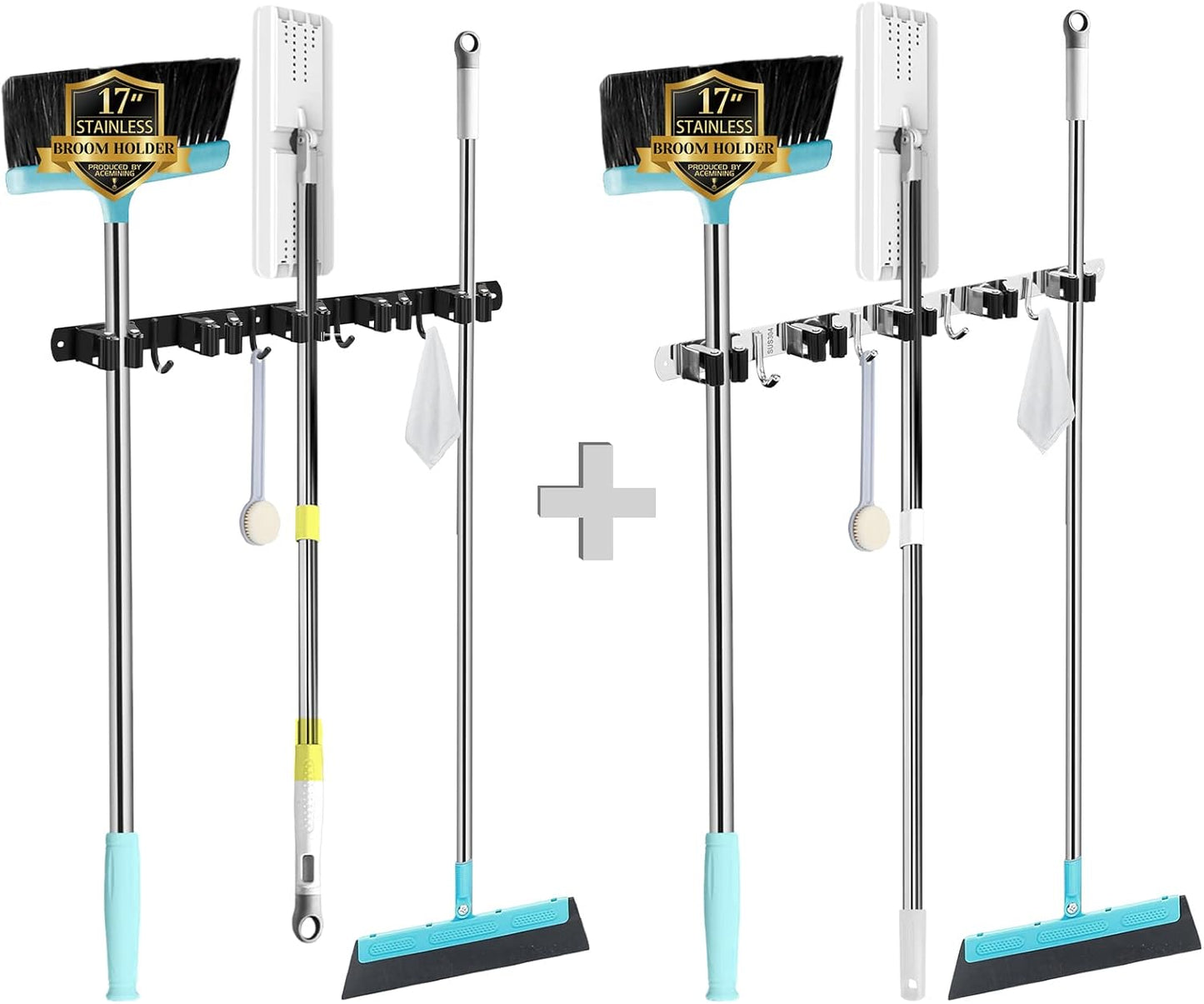 Skiennix Wall Mounted Broom and Mop Holder - Heavy Duty 5 Racks & 4 Hooks | Stainless Steel, Black