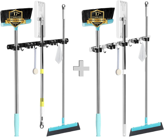 Skiennix Wall Mounted Broom and Mop Holder - Heavy Duty 5 Racks & 4 Hooks | Stainless Steel, Black