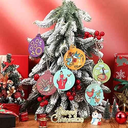 12 Pieces 12 Days of Christmas Ornaments Wooden Set 3.15 Inch Colorful Xmas Twelve Days of Christmas Hanging Ornaments for Xmas Tree(Round Style)