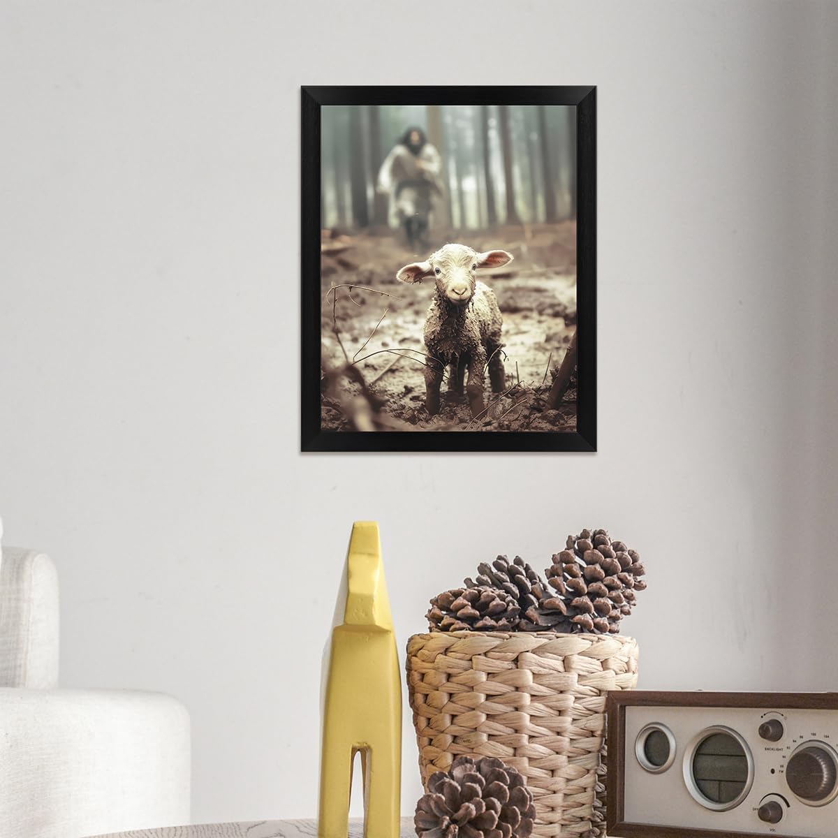 TUXVAKY Framed Christian Wall Art - Jesus Running After Lost Lamb Canvas Decor | 8"x10" Inch