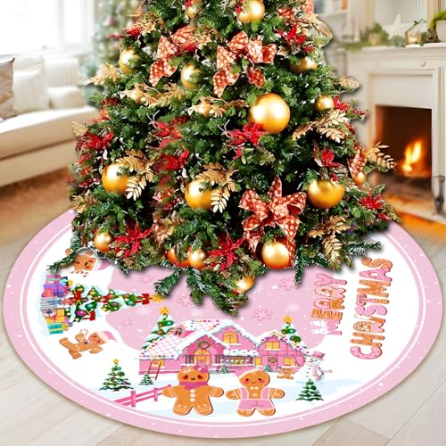 Pink Gingerbread Christmas Tree Skirt 48 Inch Holiday Decor for Living Room