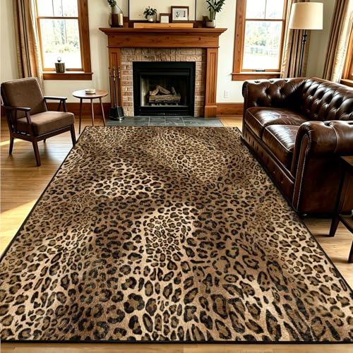 Leopard Rug 5x7 ft - Soft Faux Wool Non-Slip Cheetah Print Area Rug for Bedroom & Living Room - Brown Animal Print, Safari Style