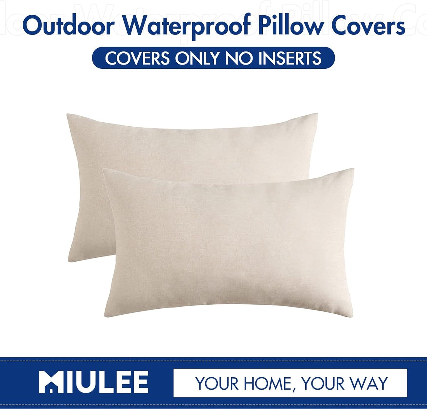 MIULEE Decorative Outdoor Throw Pillow Covers - Waterproof Faux Linen Cushion Cases | 20x12 Inch Beige (Pack of 2)