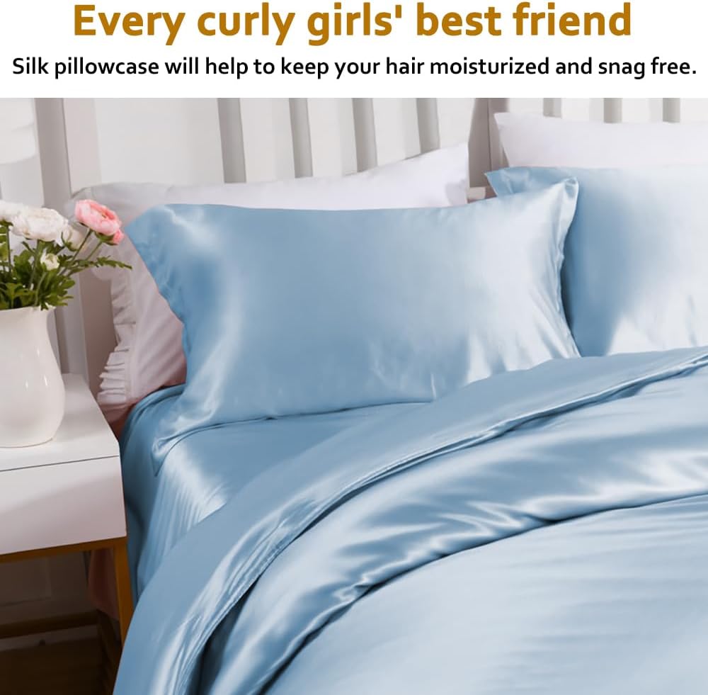 Ravmix Silk Pillowcase - 21 Momme Mulberry Silk for Hair & Skin Health | Soft & Breathable Queen Size (Light Blue)