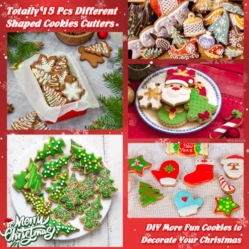 15Pcs Christmas Cookie Cutters Set - Stainless Steel Holiday Baking Molds with Snowflake, Star, Snowman & Winter Glove Shapes