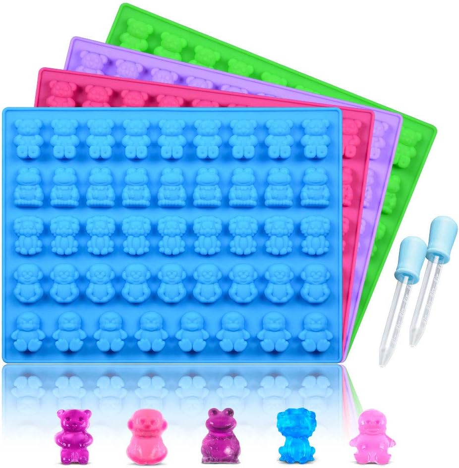 Skiennix Silicone Candy Gummy Bear Molds - Premium Pack of 4 with Bears, Frogs & More | Includes 2 Droppers