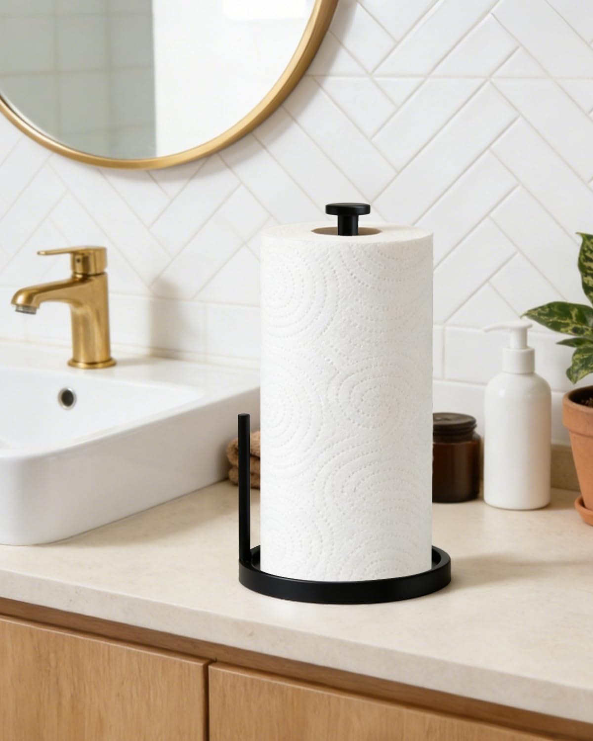 Swaitee Paper Towel Holder Countertop, Anti Slip Base, Black, Freestanding Paper Towel Roll Stand with Weighted Base for Kitchen Bathroom