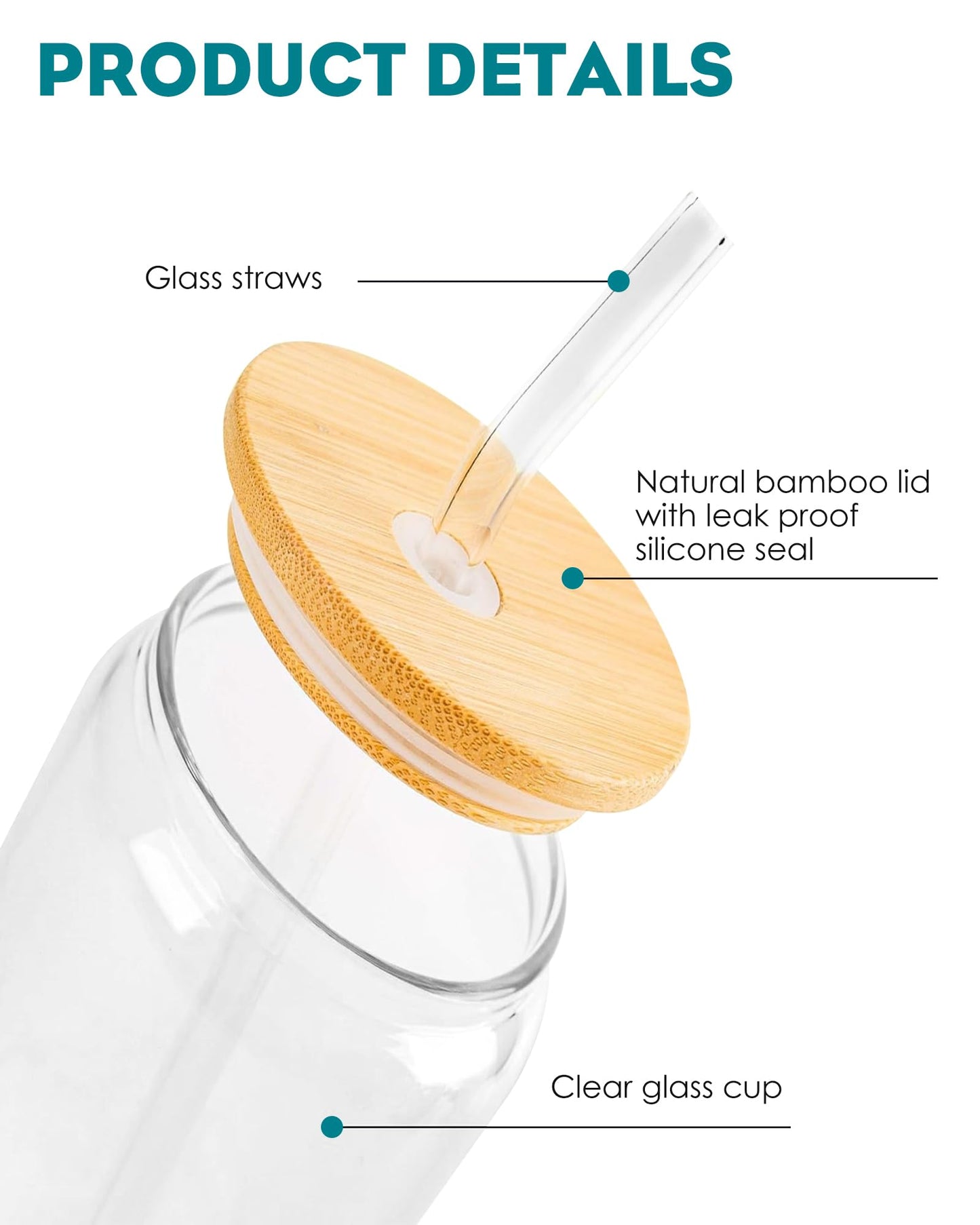 WISIMMALL Drinking Glasses with Bamboo Lids and Glass Straw 8PCS Set, 16oz Glass Cups with Lids and Straws, Beer, Iced Coffee Glasses, Soda, Gift 2 Cleaning Brushes