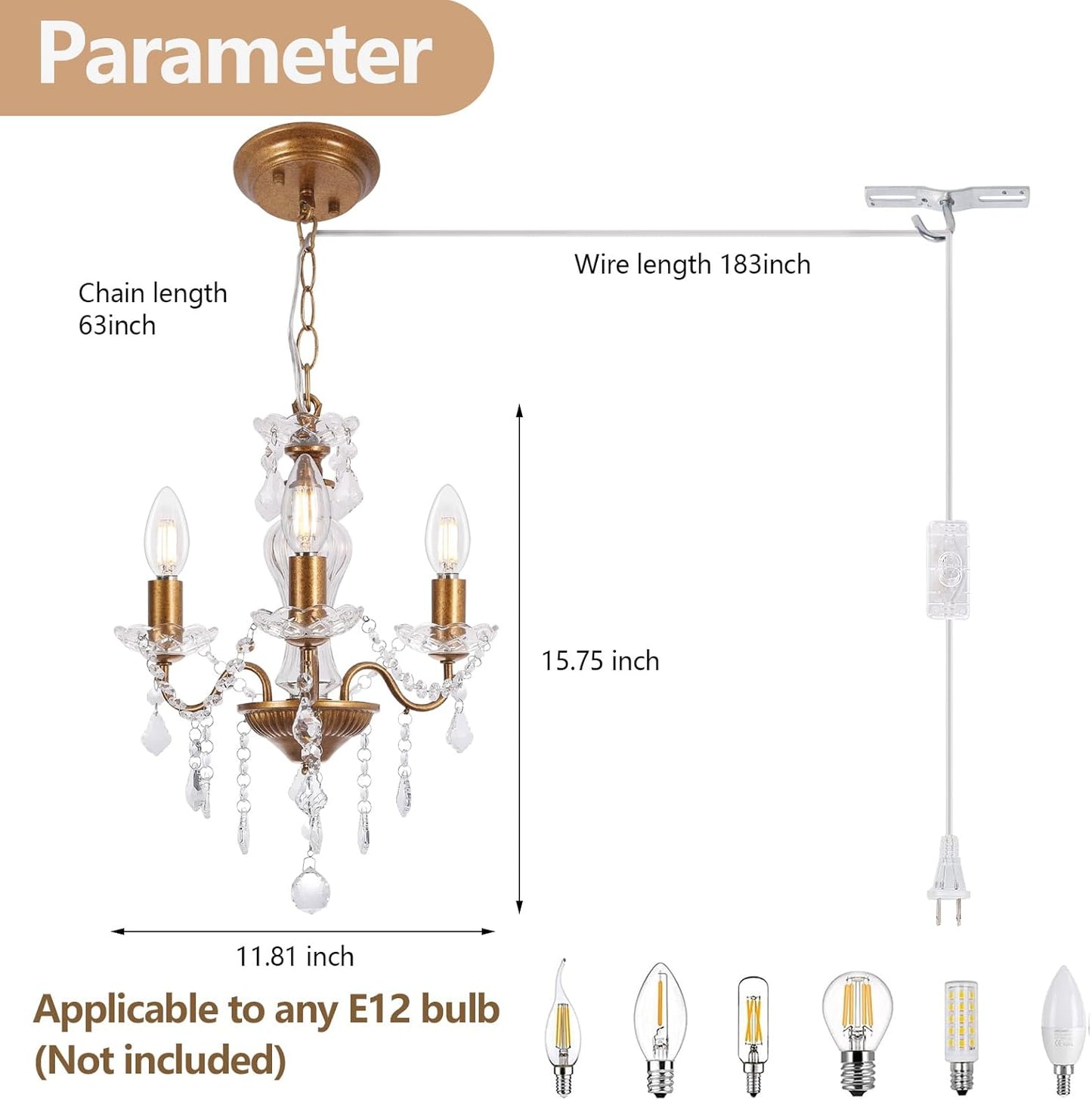 Plug in Modern 3-Light Gold Chandelier with Glass Crystals, Candle Style Pendant Light Fixtures for Living Room, Girls Room, Kitchen Island, Entryway