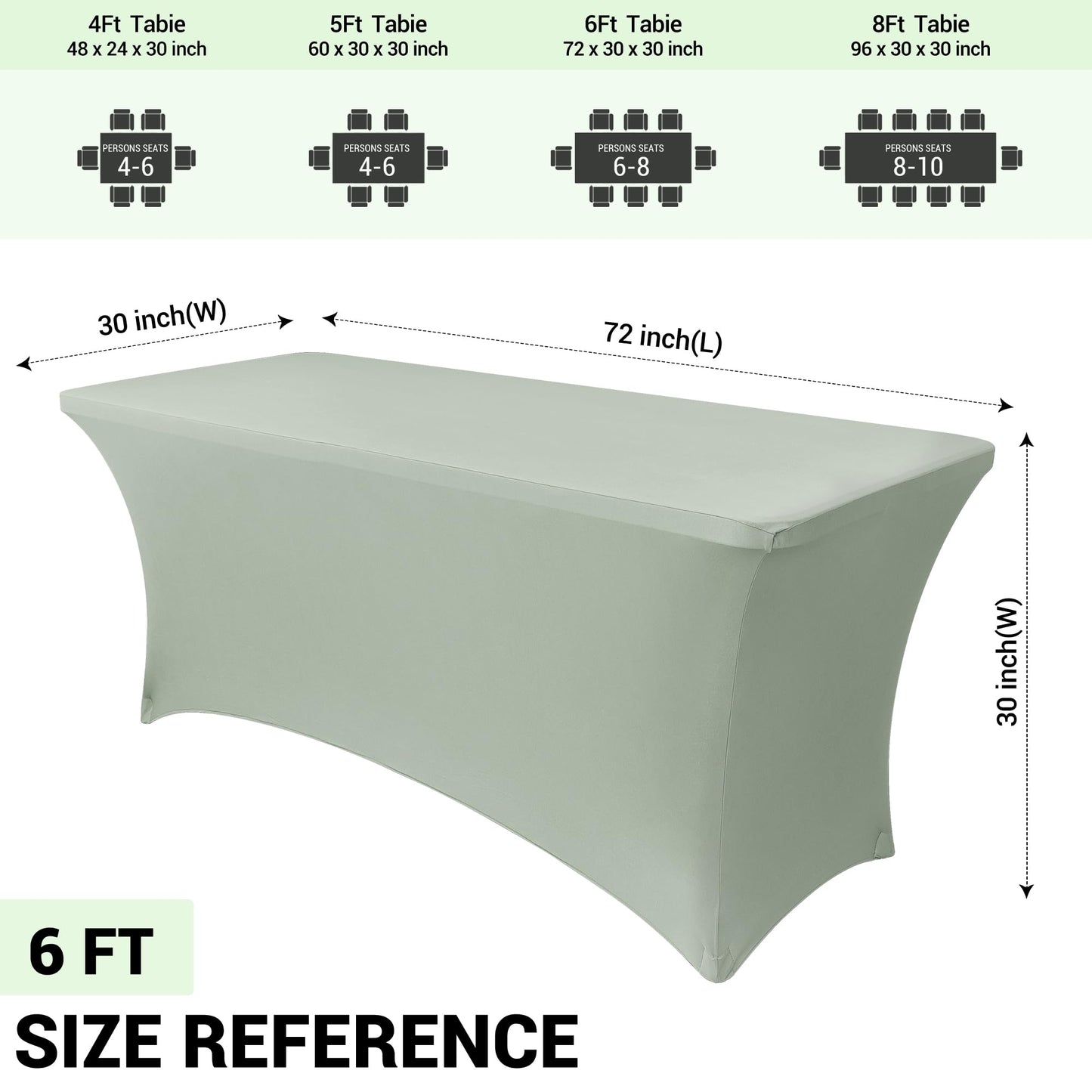 Obstal 2PC Sage Green Tablecloth - 6ft Rectangle Spandex Table Cover for Party, Events, Banquets & Weddings, Machine Washble