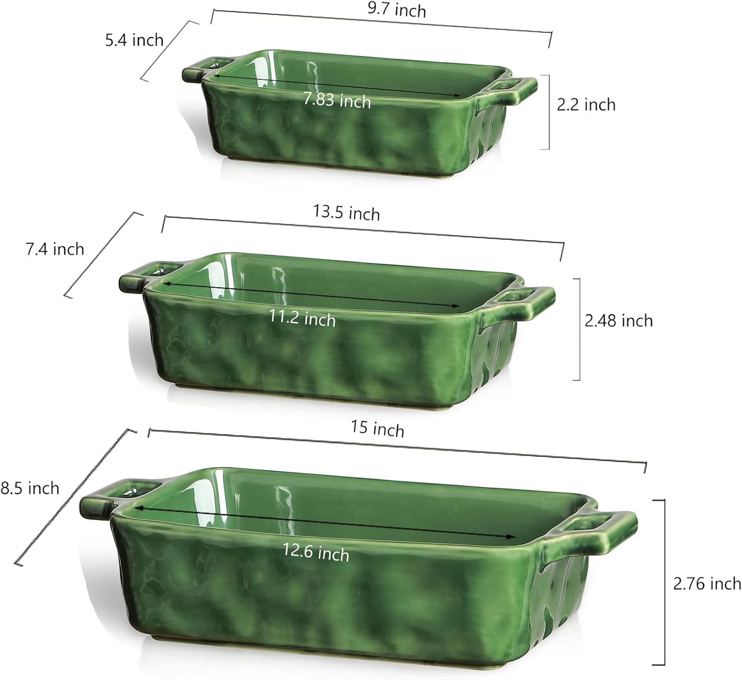VICRAYS Ceramic Bakeware Set - Porcelain Rectangular Baking Dish for Lasagna & Casserole | 3-Piece, 15 x 8.5 Inches (Green)