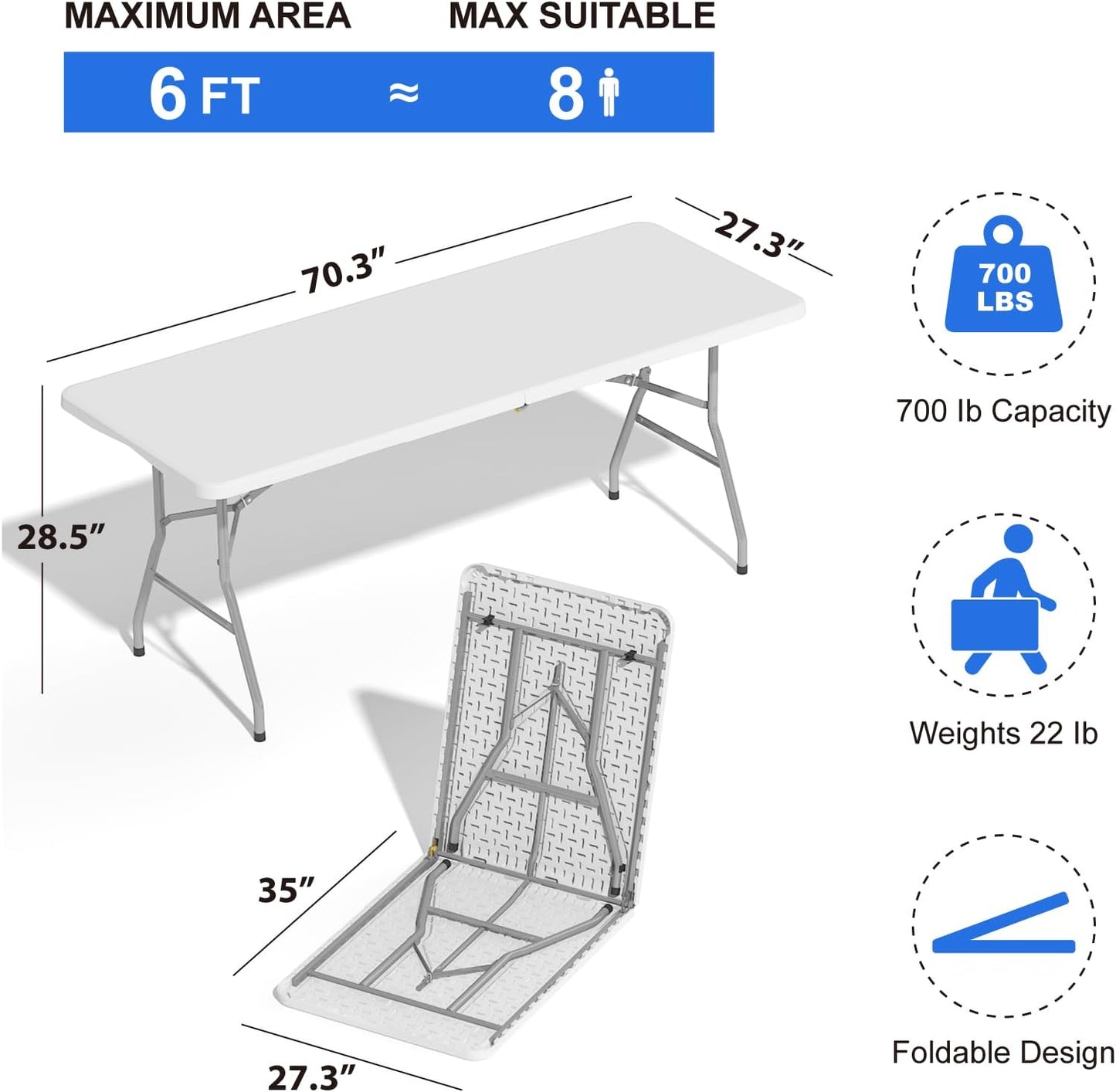 Regine Switzerland 6FT Folding Table - Heavy-Duty Plastic Utility Table for Indoor/Outdoor Events | White