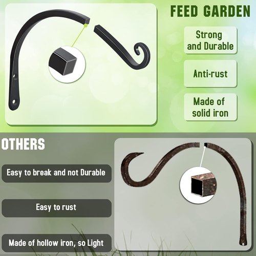 Feed Garden 14-Inch Decorative Hanging Plant Brackets - 2 Pack Wall Hooks for Outdoor Use | Black