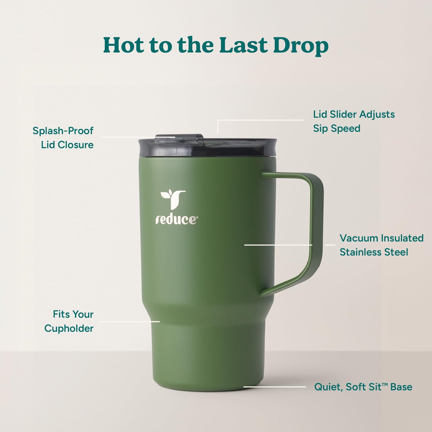 REDUCE 18 oz Hot1 Stainless Steel Insulated Mug with Temperature Adjusting Lid - Dual-Wall Vacuum, Cupholder Friendly - Keeps Drinks Hot for 6 Hours - Ideal for Coffee, Tea & Other - Sage