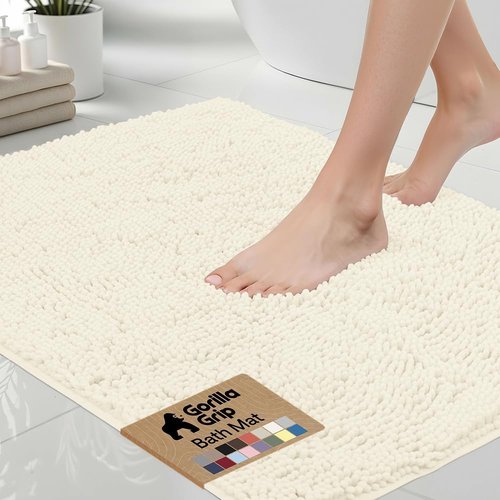 GORILLA GRIP Bath Rug Mat - Thick Soft Chenille, Quick-Dry Microfiber | 60x24 Inches, Ivory