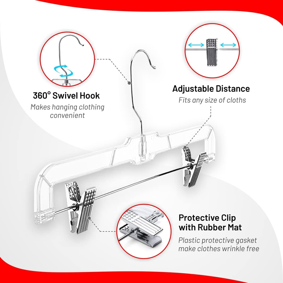 DEILSY™ Skirt Hanger Pants Hangers with Clips Hangers Shorts Hanger Clear Plastic Clothes Hangers with 2-Adjustable Clip Non-Slip Clothes Hangers Perfect for Pant, Pack of 12