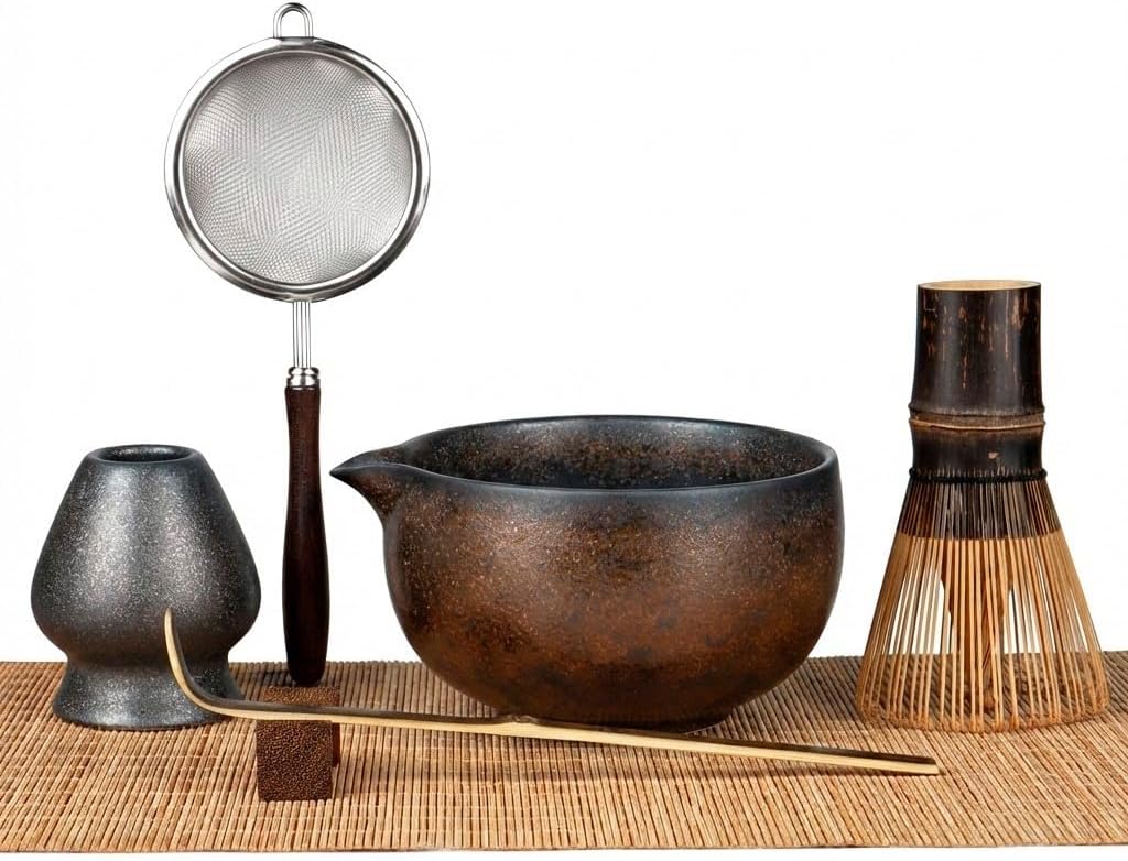 Skiennix Matcha Whisk Set - 7-Piece Complete Kit with Handmade Bowl, 100-Prong Bamboo Whisk & Accessories