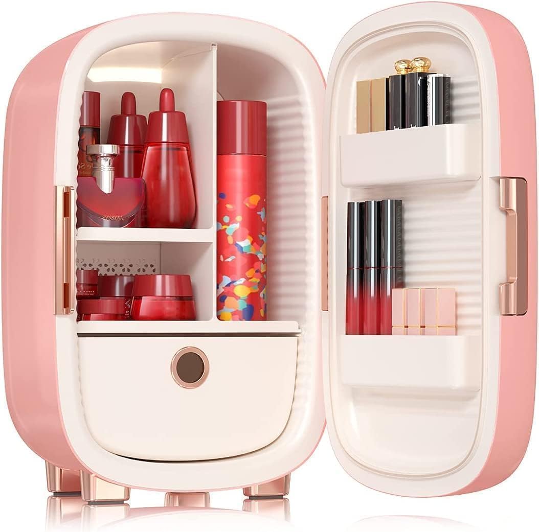 JSTPRO Skincare Fridge, 6L Pink Makeup Fridge with Dimmable LED Light Mirror, Portable for Bedroom, Car, Office & Dorm