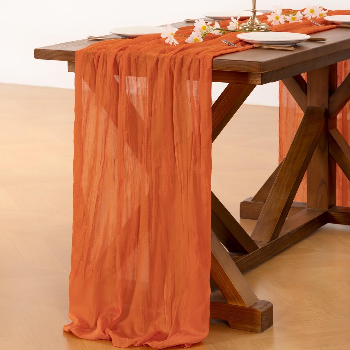 Socomi Cheesecloth Table Runner - Boho Rustic Sheer Design | 120 Inch Orange for Weddings & Events
