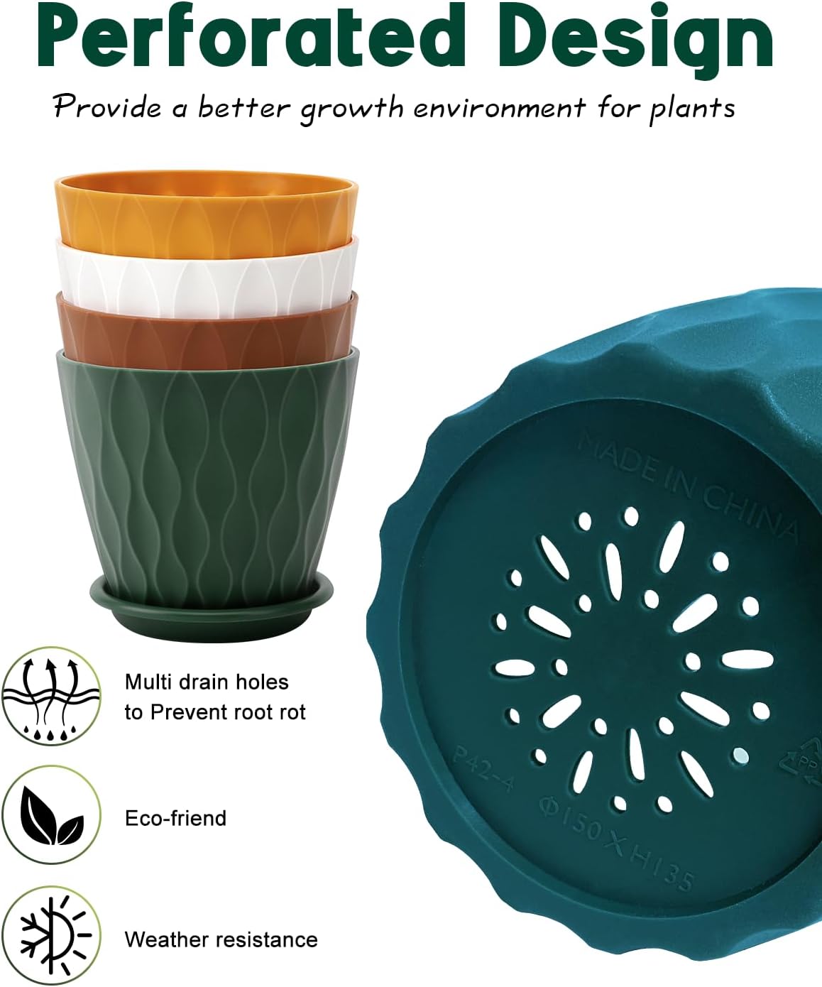 Skiennix 6-Inch Indoor Planter Pots - Drainage Hole & Tray Saucer | Multicolor, Set of 5 for Garden Plants