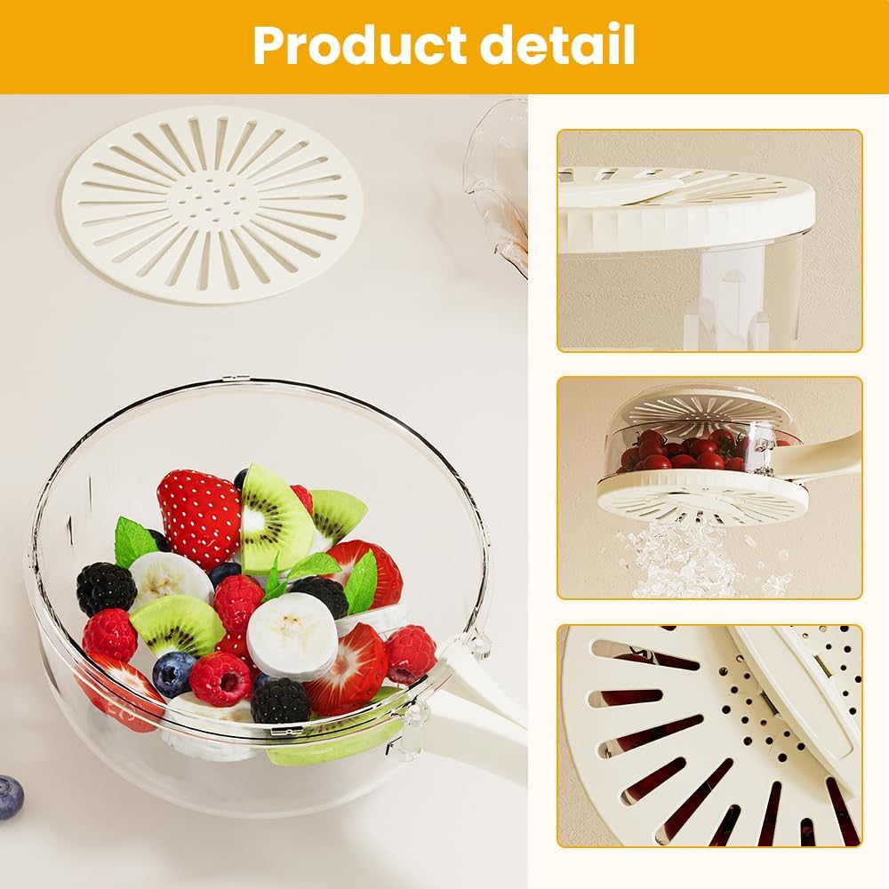 Skiennix Multifunctional Fruit Washing Bowl - 2025 Strainer Container with Lid & Handle (Brown)
