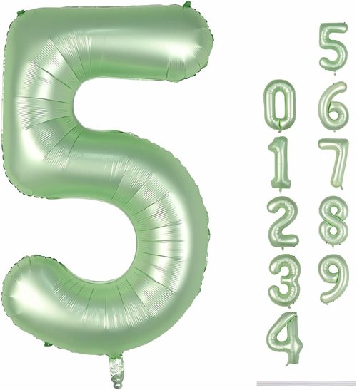 Helium Foil Number 5 Balloon - Sage Green Giant 40" Birthday Decoration for Boys & Girls
