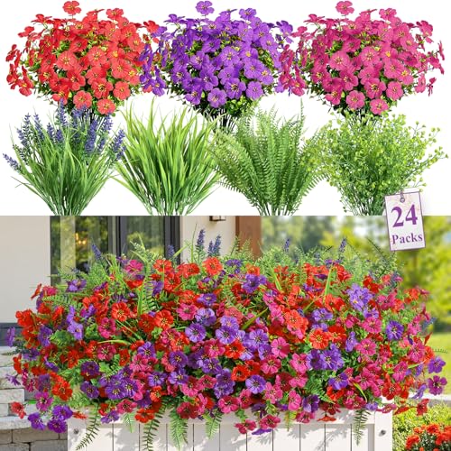 Artificial Flowers Pack - UV Resistant Faux Eucalyptus, Lavender & Spring Blooming Plants for Outdoor & Indoor Decor