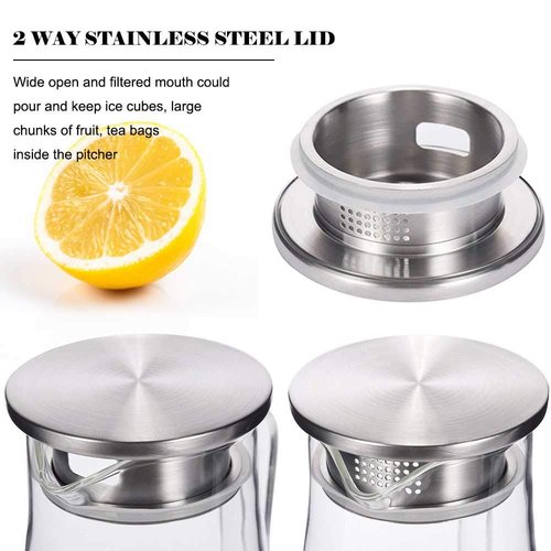 Hwagui - Heat Resistant Glass Pitcher with Stainless Steel Lid, Water Carafe with Handle, Good Beverage Pitcher for Homemade Juice and Iced Tea, 1600ml/53oz