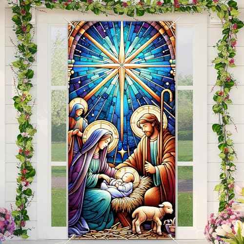 Christmas Door Cover Winter Door Cover Nativity Scene Stained Glass Doors Banners 71x35 Inch Religious Holiday Doors Decor Merry Christmas Decor Front Decoration Welcome Peaceful