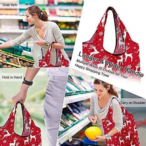 BeeGreen Christmas Deer Santa Reusable Grocery Bags 10 Pack with Zipper Pouch