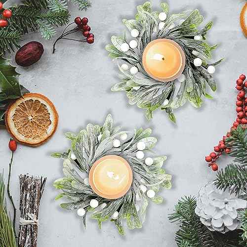 2 Pcs Candle Rings Wreaths, 6 Inch Artificial Mistletoe Wreaths with White Berry Frosted Lamb's Ear Mini Wreath Accents Candle Wreath for Holiday Winter Decorations Christmas Table Decor (White, 2)