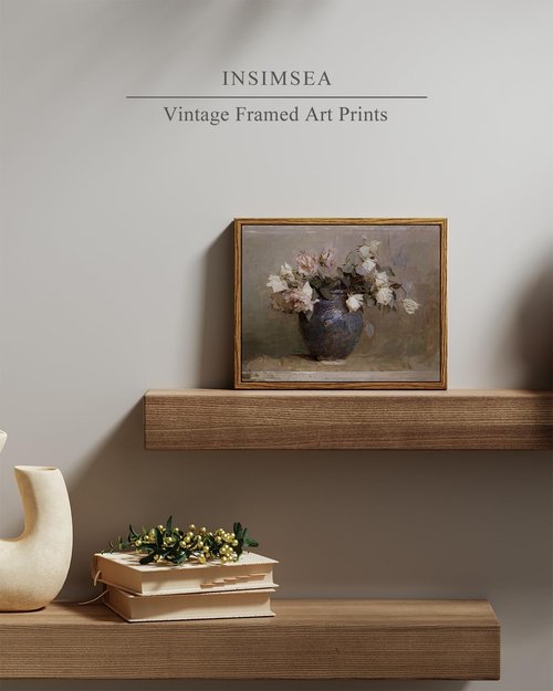 InSimSea Framed Canvas Print - Roses in Vase Classical Oil Painting | 8x10in Wall Art for Bedroom & Living Room Decor